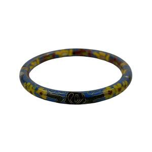 Hinged Bangle Bracelet Cloisonne Multicolor Flowers Blue Enamel Chinese Export
